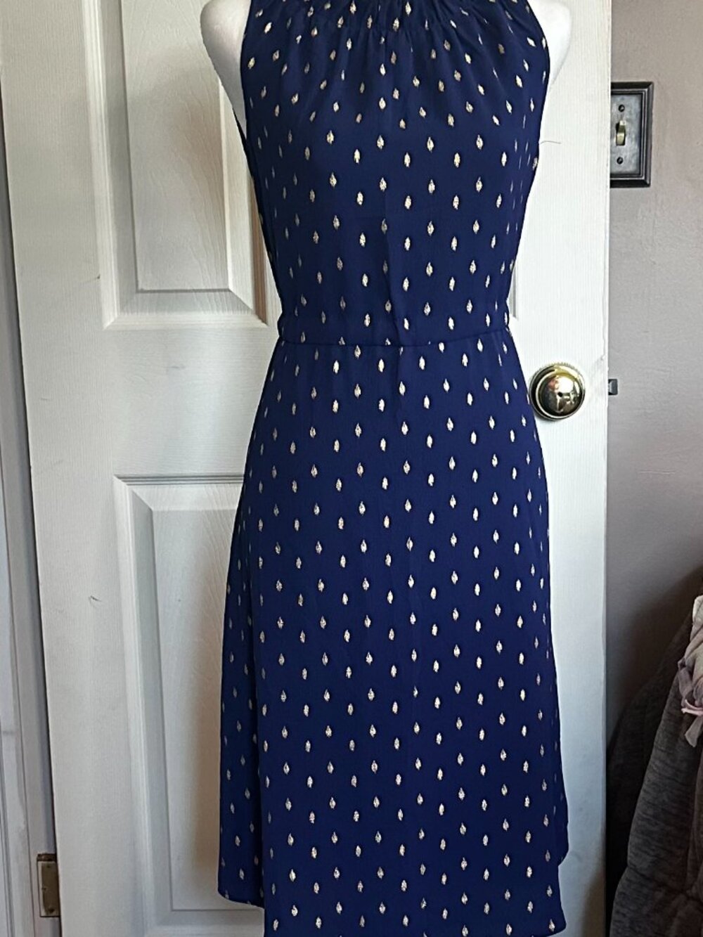 NWT Juicy Couture Navy & Gold Foil Pattern Halter Dress - Size Small